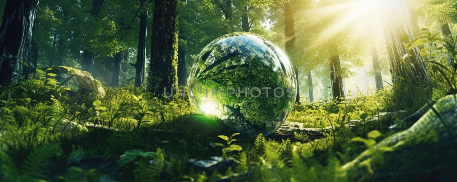 Glass sphere in the forest, grass and sun. The concept of nature conservation