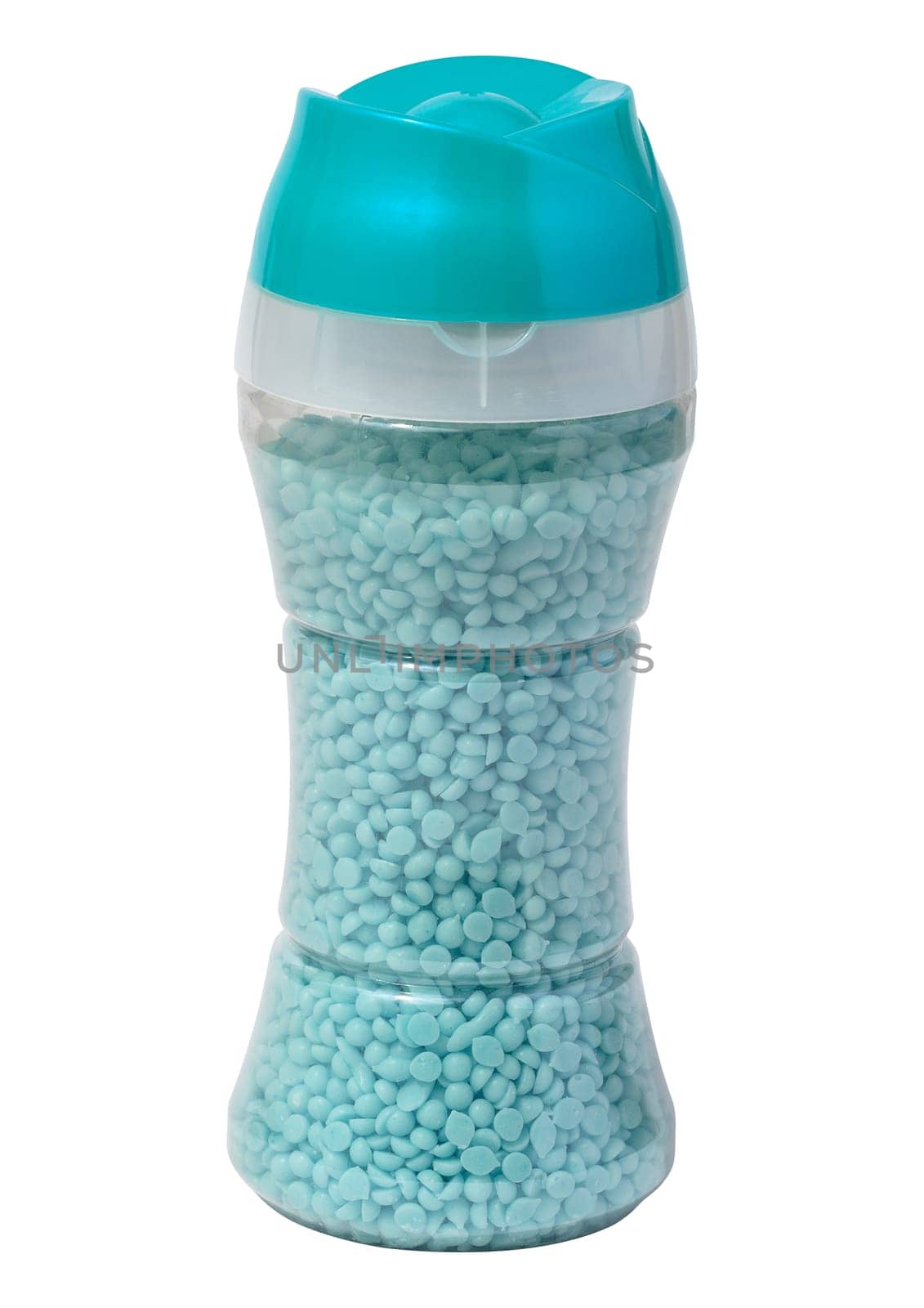 Plastic transparent bottle with aromatic granules for rinsing washing. Laundry softener by ndanko