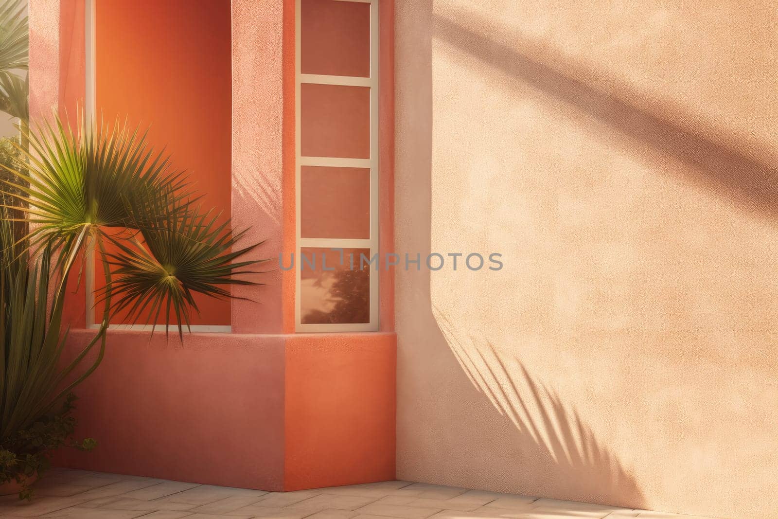 Background for your product. Plastered wall, plant and shadows