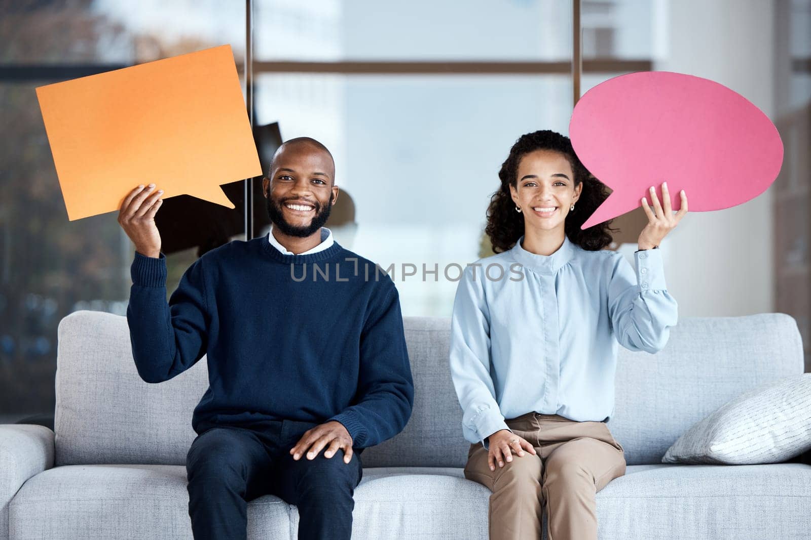 Marriage counseling, therapy or speech bubble with a black couple on a sofa in a psychologist office for talking. Portrait, communication or psychology with man and woman holding blank feedback space by YuriArcurs