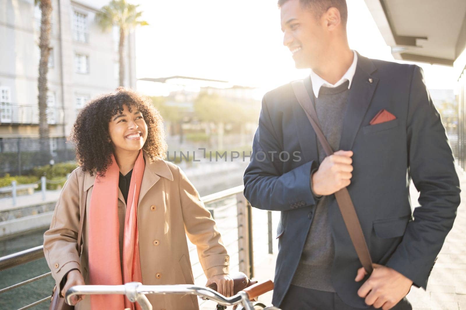 Bicycle travel, walking or business people cycling to work, corporate job or relax journey in San Francisco city. Talking, conversation or happy partnership team with eco friendly transportation bike.