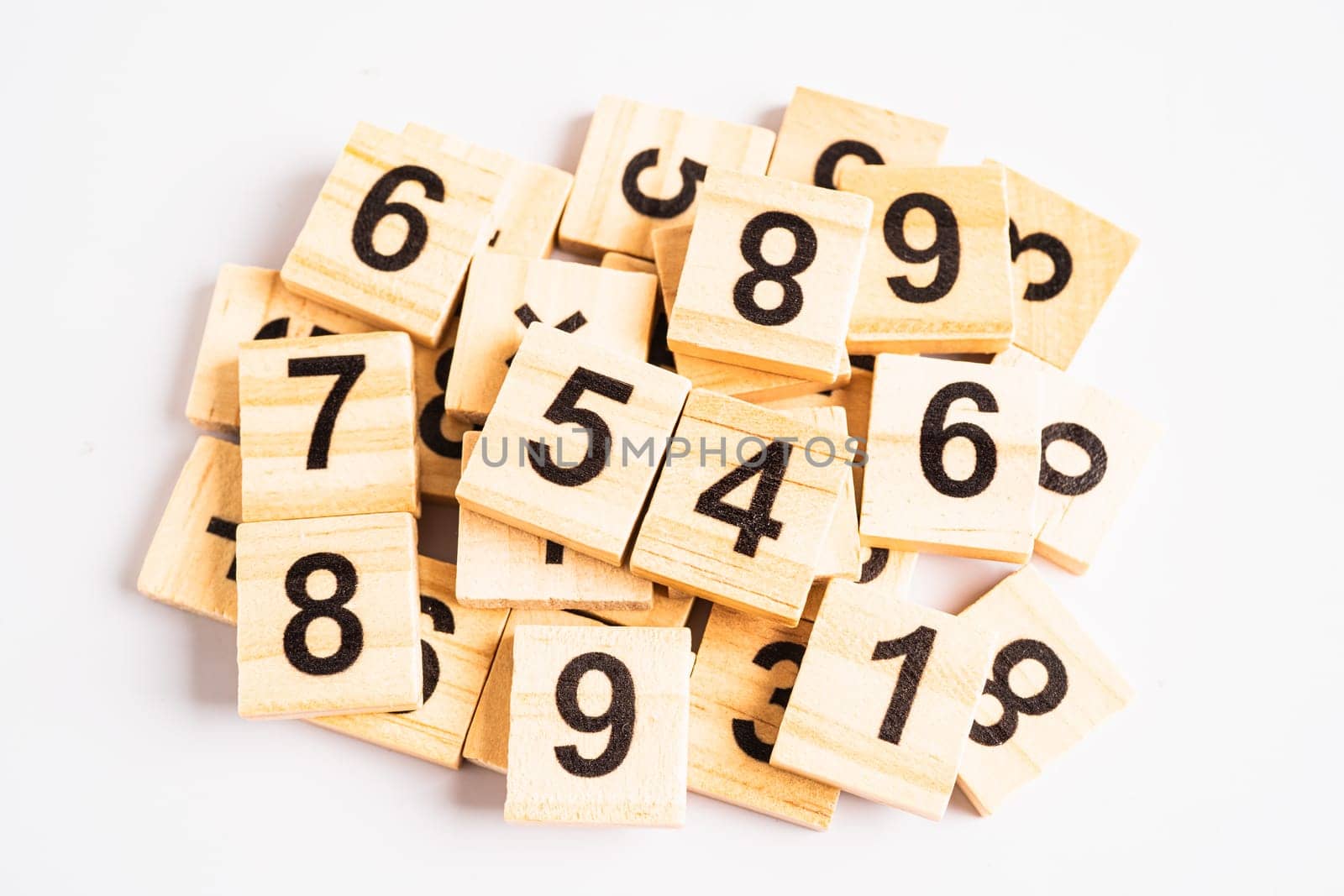 Math number wooden on white background, education study mathematics learning teach concept.