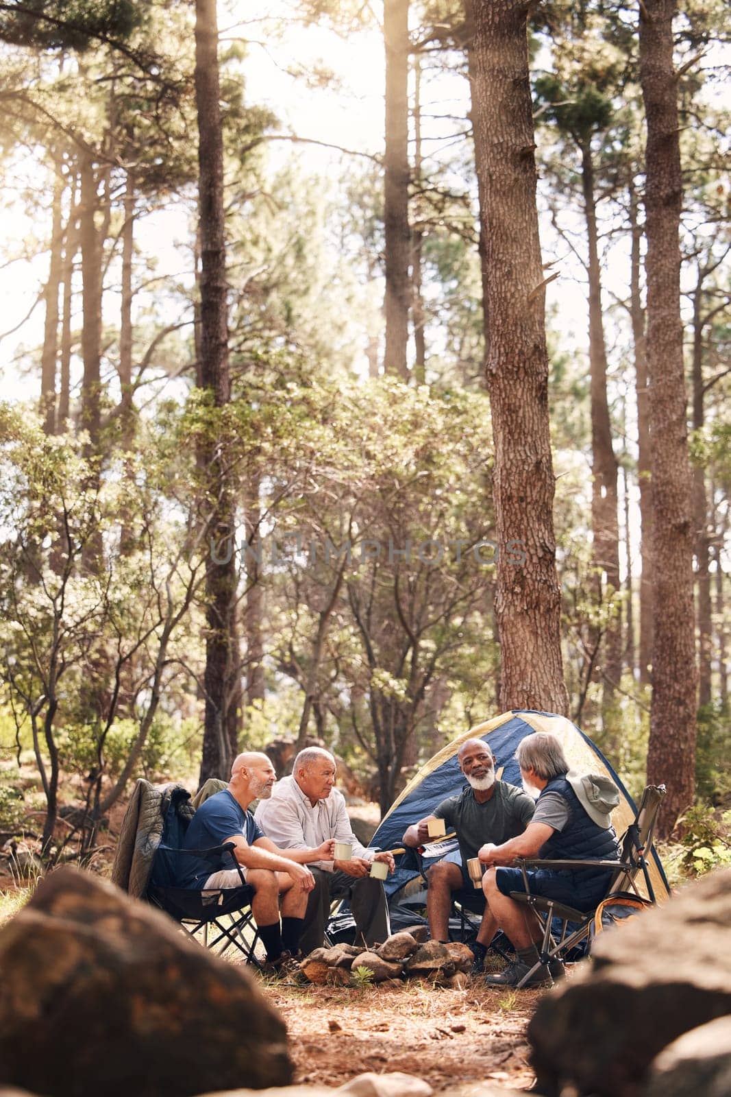 Man, people and camping in nature for travel, adventure or summer vacation together with chairs and tent in forest. Group of men relaxing and talking enjoying camp out by tall green trees in outdoors.