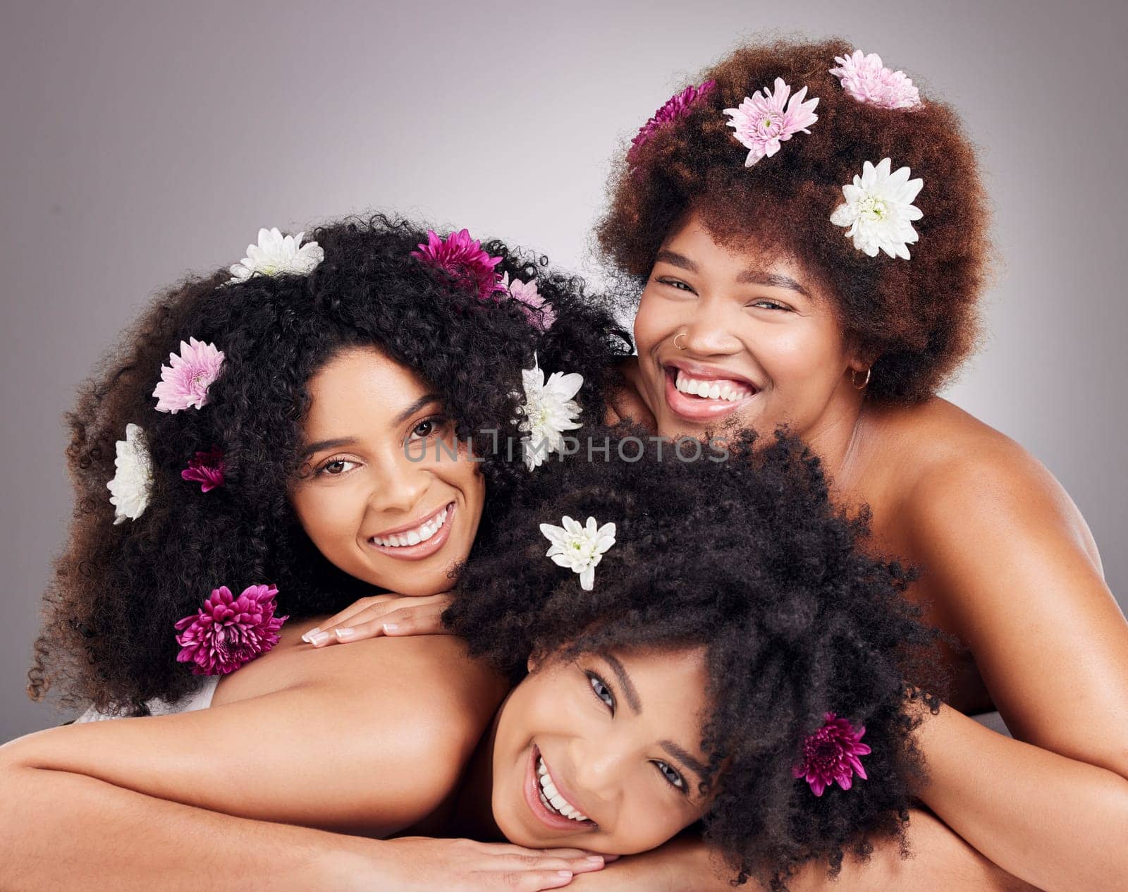 Friends, hair care and portrait of black women with flowers in studio isolated on a gray background. Floral cosmetics, organic makeup and face of group of girls with flower for beauty and aesthetic. by YuriArcurs