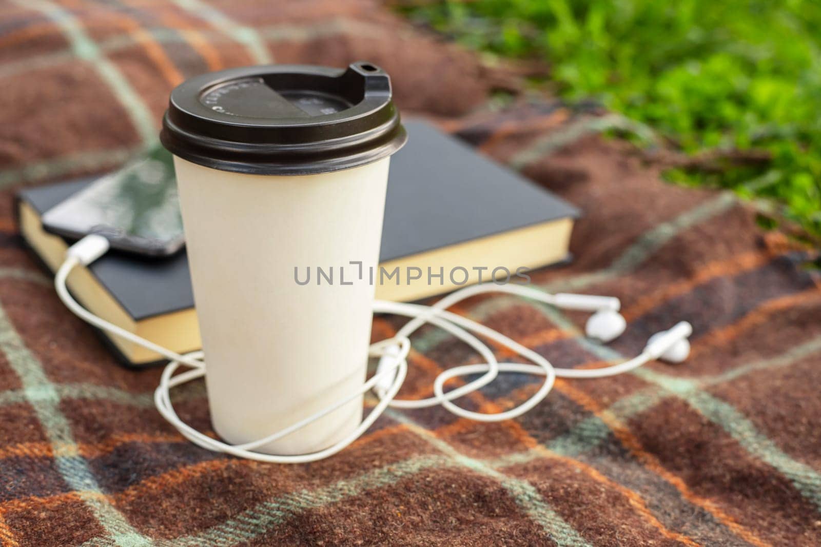 Cup of coffee, open book and smartphone with headphones on blanket in the park or garden.