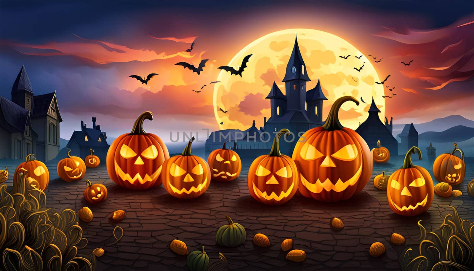 Halloween pumpkins and night scenery with bats and castle - Generative AI