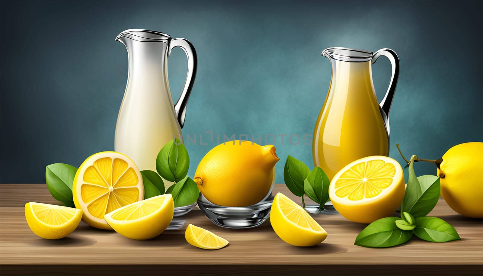 Fantasy yellow lemons on a table with two carafes background - Generative AI
