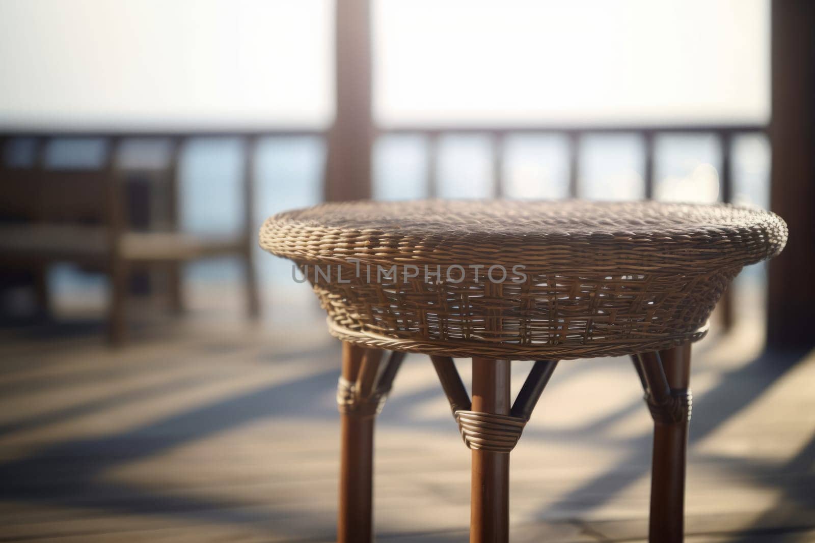 Empty round small wicker table in a beach restaurant, overlooking the sunset sea. Ai generative