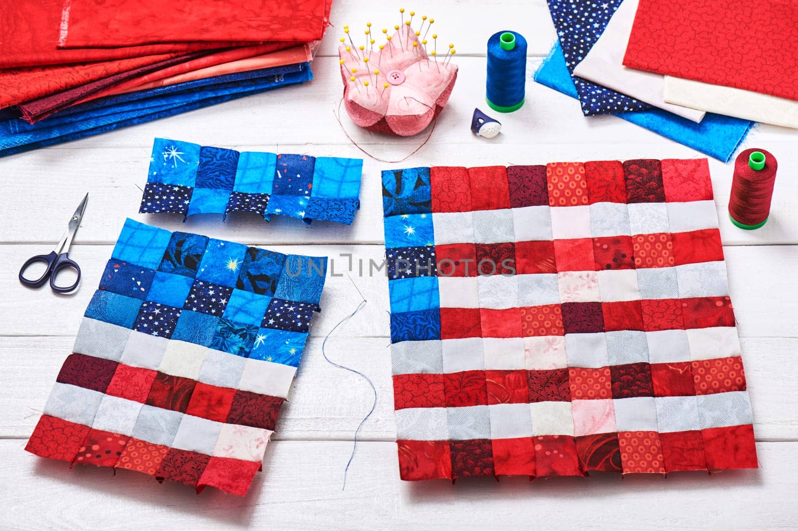 Square pieces of fabrics selected and stitched like a flag of USA by maxcab