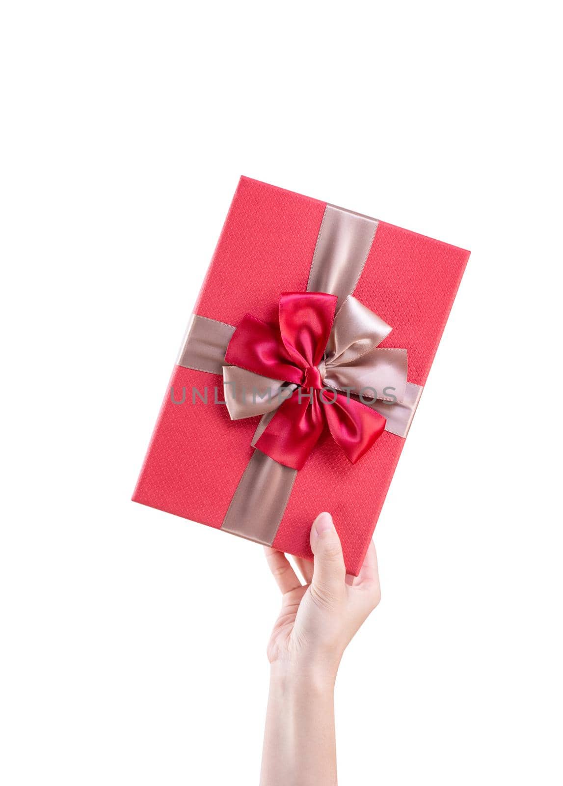 Asian woman holding, giving, sending a wrapped packaged gift box with tied bow-knot isolated on white background, clipping path, cut out, close up. by ROMIXIMAGE