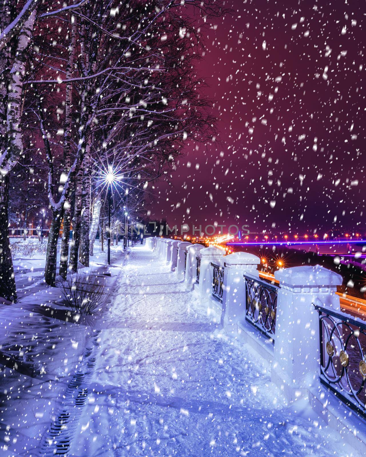 Snowfall in a winter night park with lanterns, view to road with car motion, pavement and trees covered with snow. by Eugene_Yemelyanov