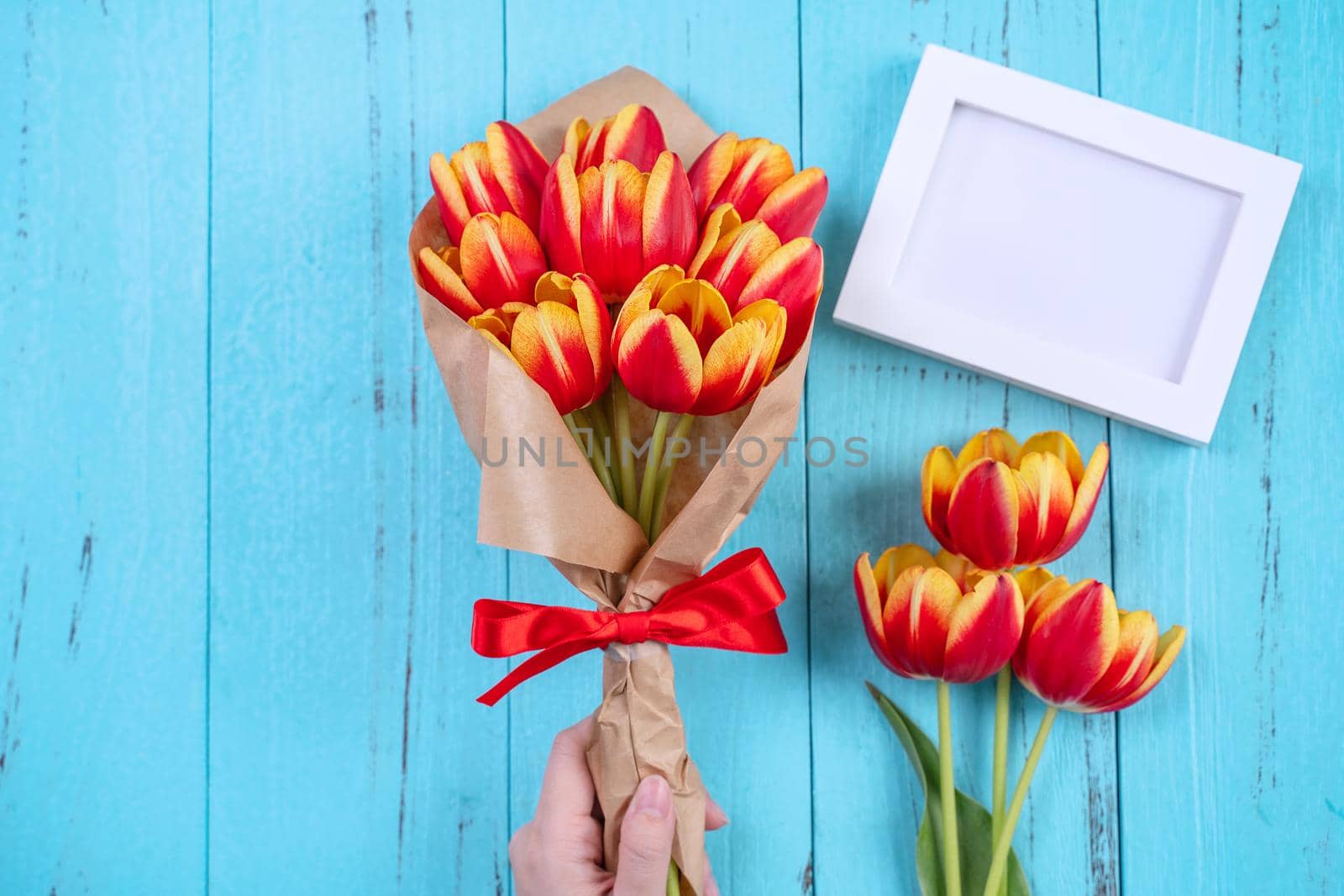 Tulip flower bunch, photo frame, Mother's Day Concept - Beautiful Red, yellow bouquet, white blank picture template isolated on blue wooden background, top view, flat lay by ROMIXIMAGE