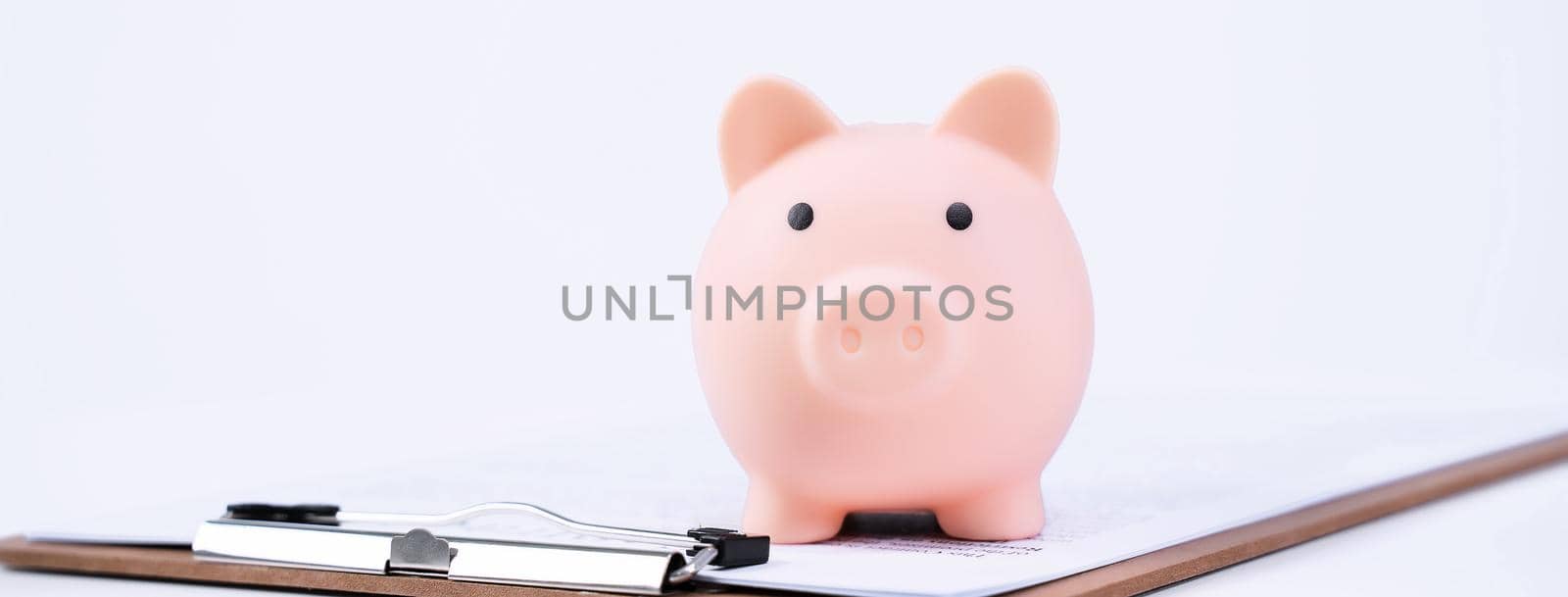 Financial concpet - Deposit box, Piggy bank, beautiful model on white background, saving money to pay for loan or insurance, close up, copy space.