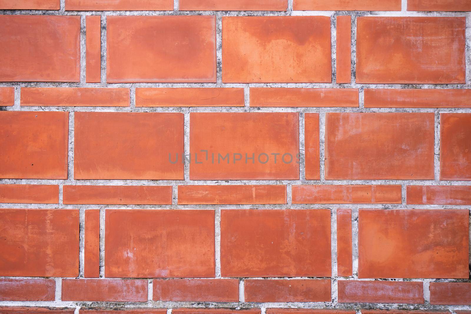 Design element of real red antique retro brick tone, pattern wall background of chinese house at street, close up, flat lay, top front view layout.