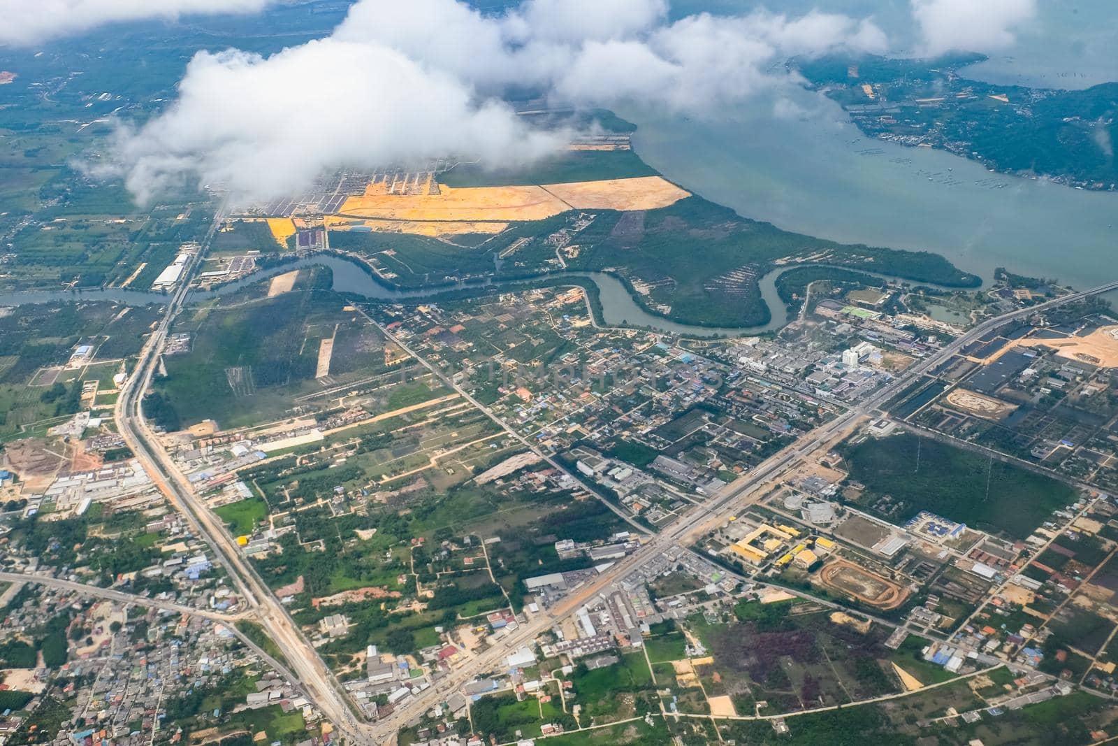 bird eye view at the city, view form airplane