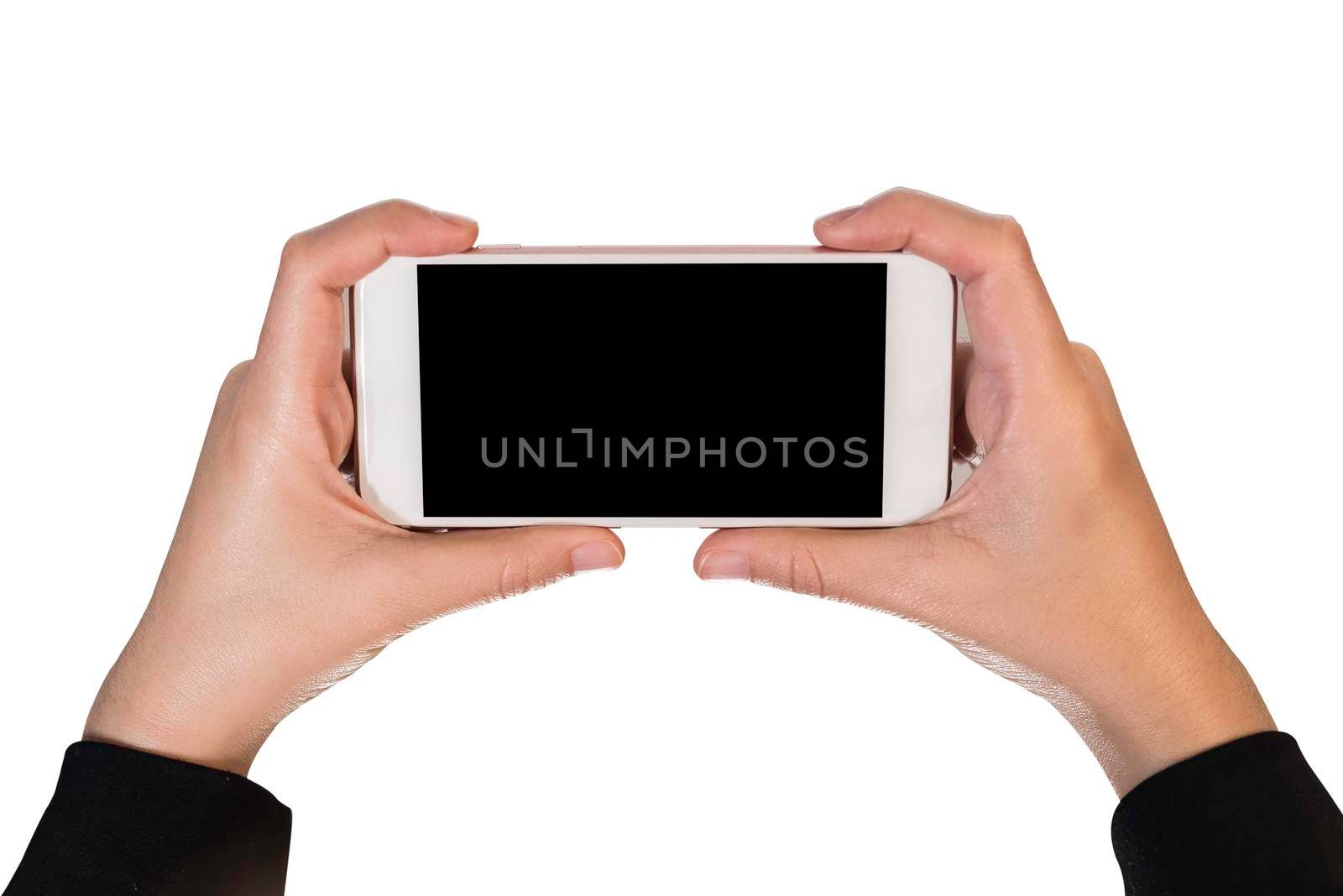 Hand girl using mobile isolated white background