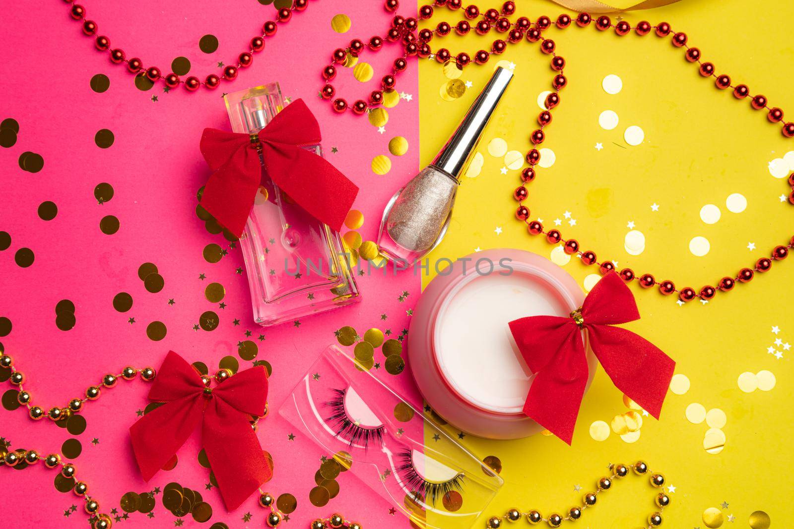 Bright makeup layout . Fashion industry. Cosmetology. Makeup Glitter Bright background