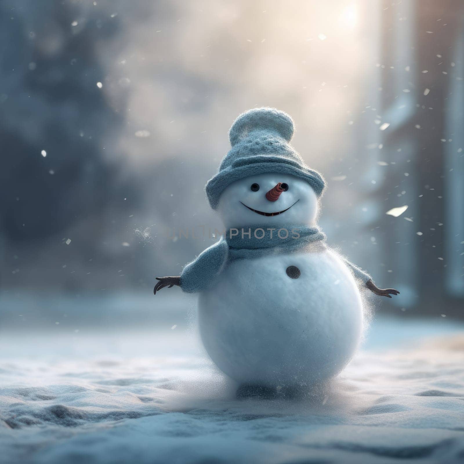 Small snowman on the background of a winter landscape