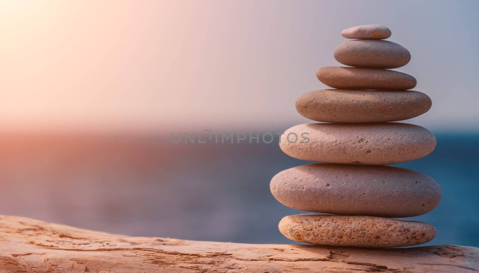 Pyramid stones on the seashore on a sunny day on the blue sea background. Happy holidays. Pebble beach, calm sea, travel destination. Concept of happy vacation on the sea, meditation, spa, calmness. by panophotograph