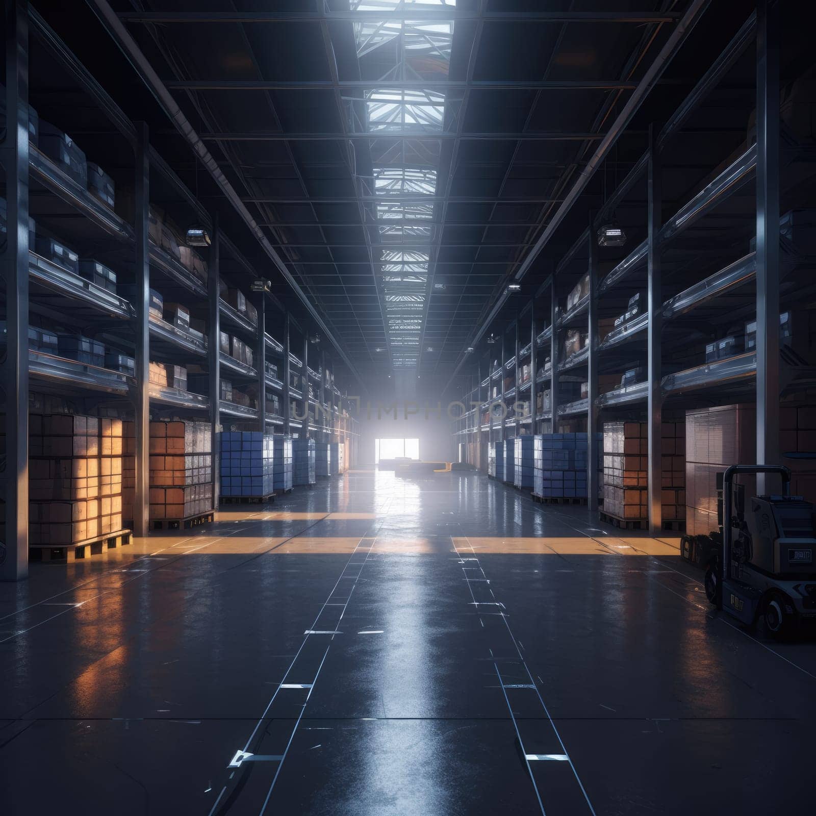 The logistics warehouse of the future. Bright large room with shelving