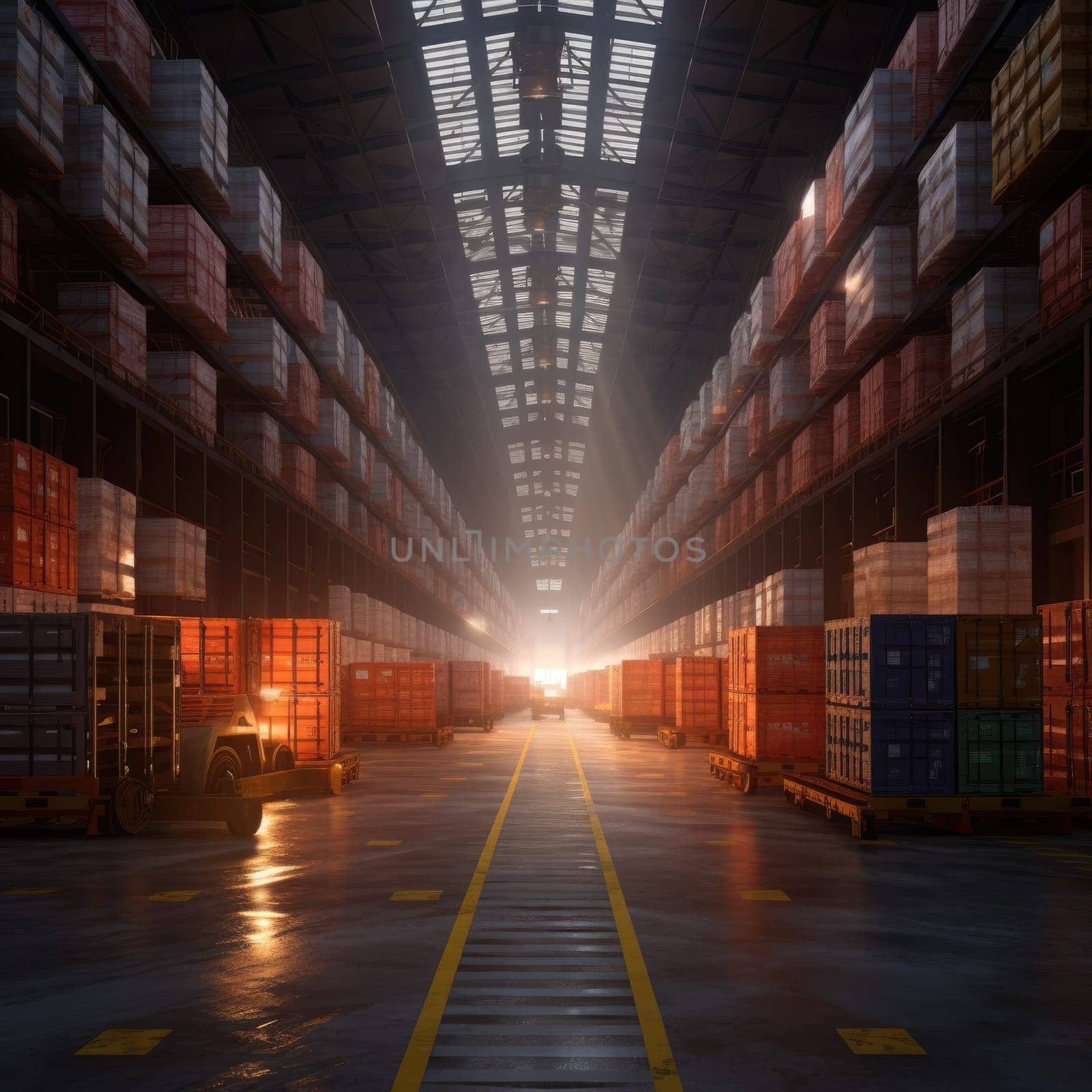 The logistics warehouse of the future. Large room with shelving