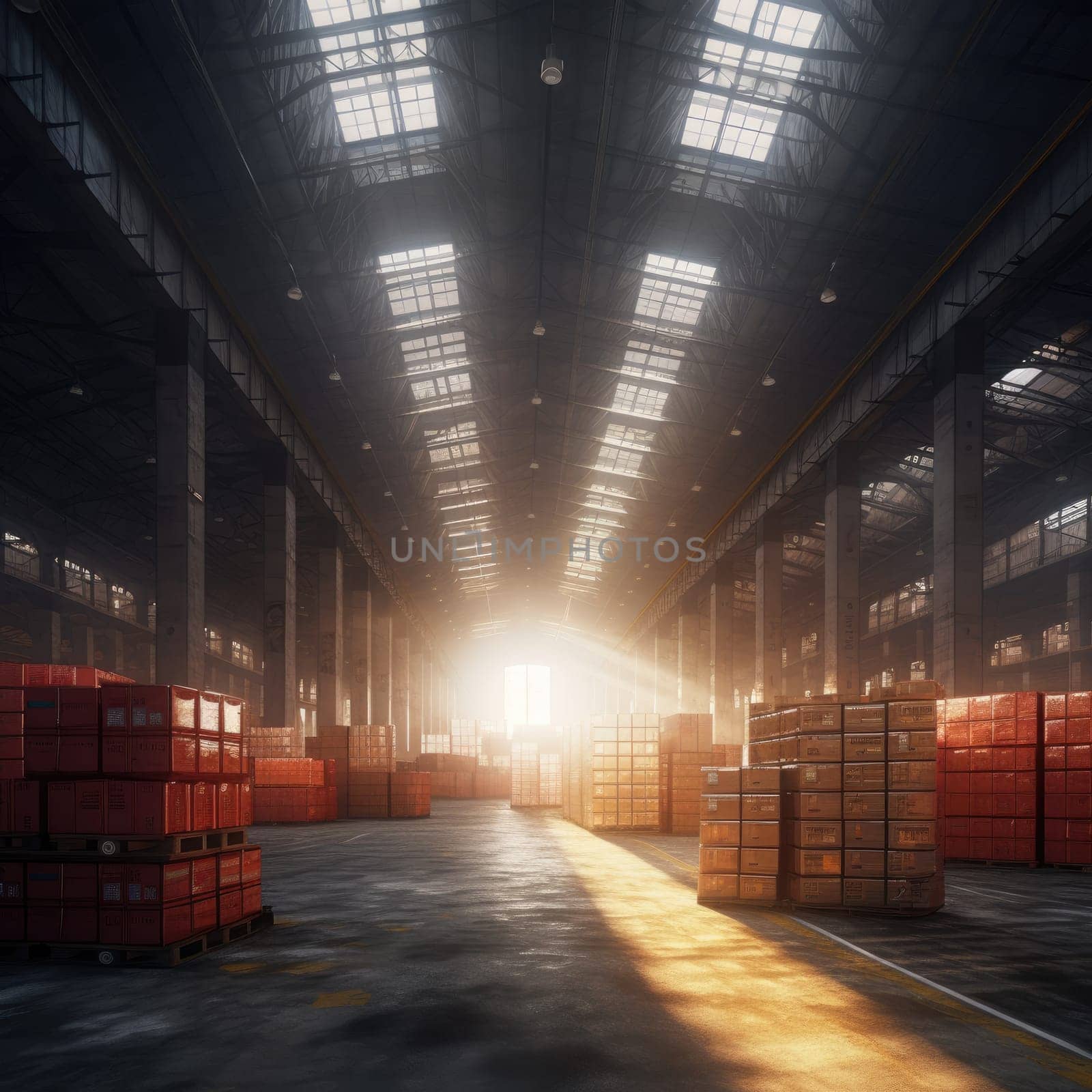 The logistics warehouse of the future. Large room with shelving