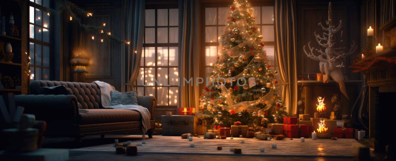 Decorated Christmas tree in a classic wooden interior. Evening or night