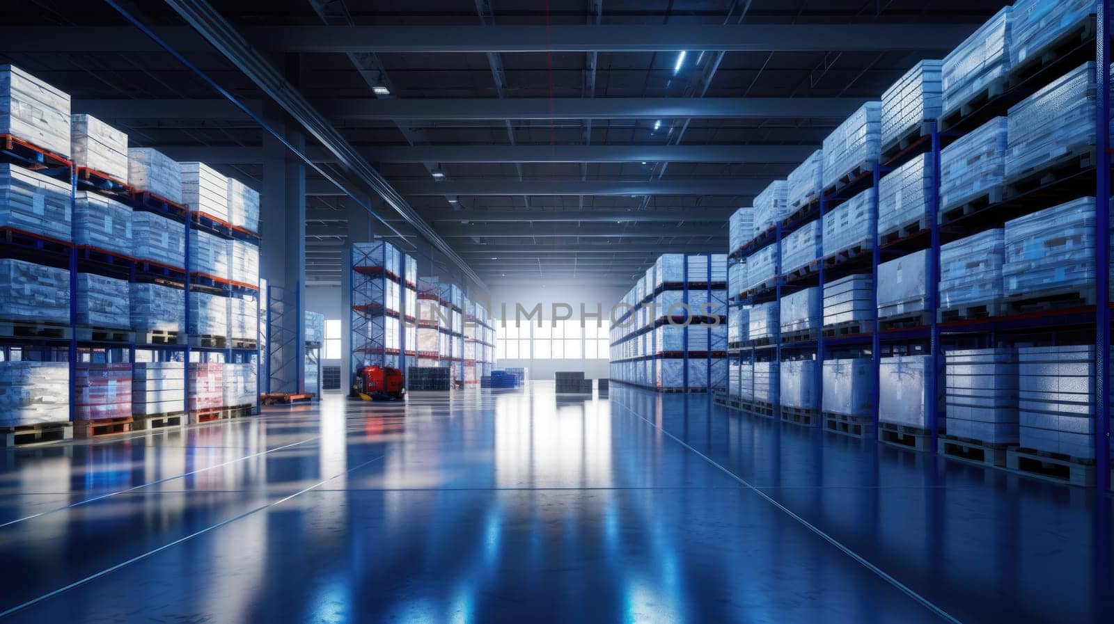 The logistics warehouse of the future. Bright large room with shelving