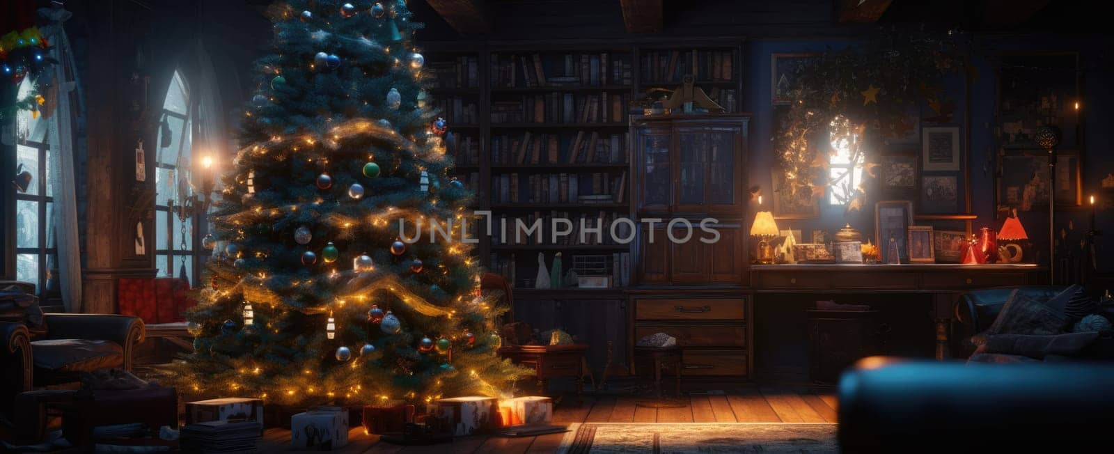 Christmas tree in a classic wooden interior at night by cherezoff