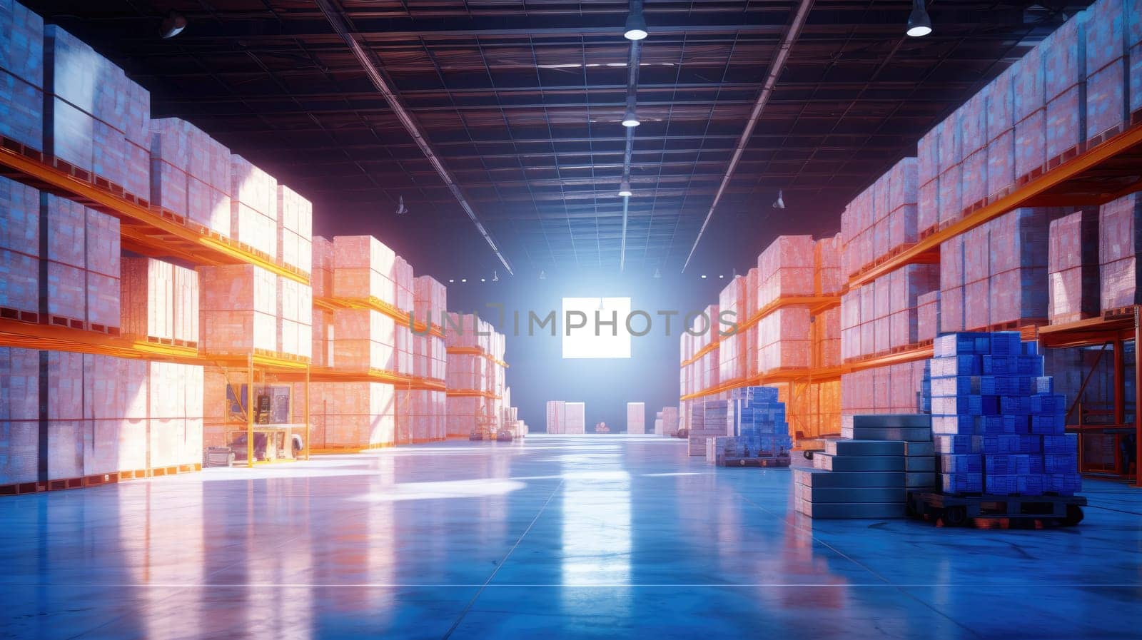 The logistics warehouse of the future. Bright large room with shelving