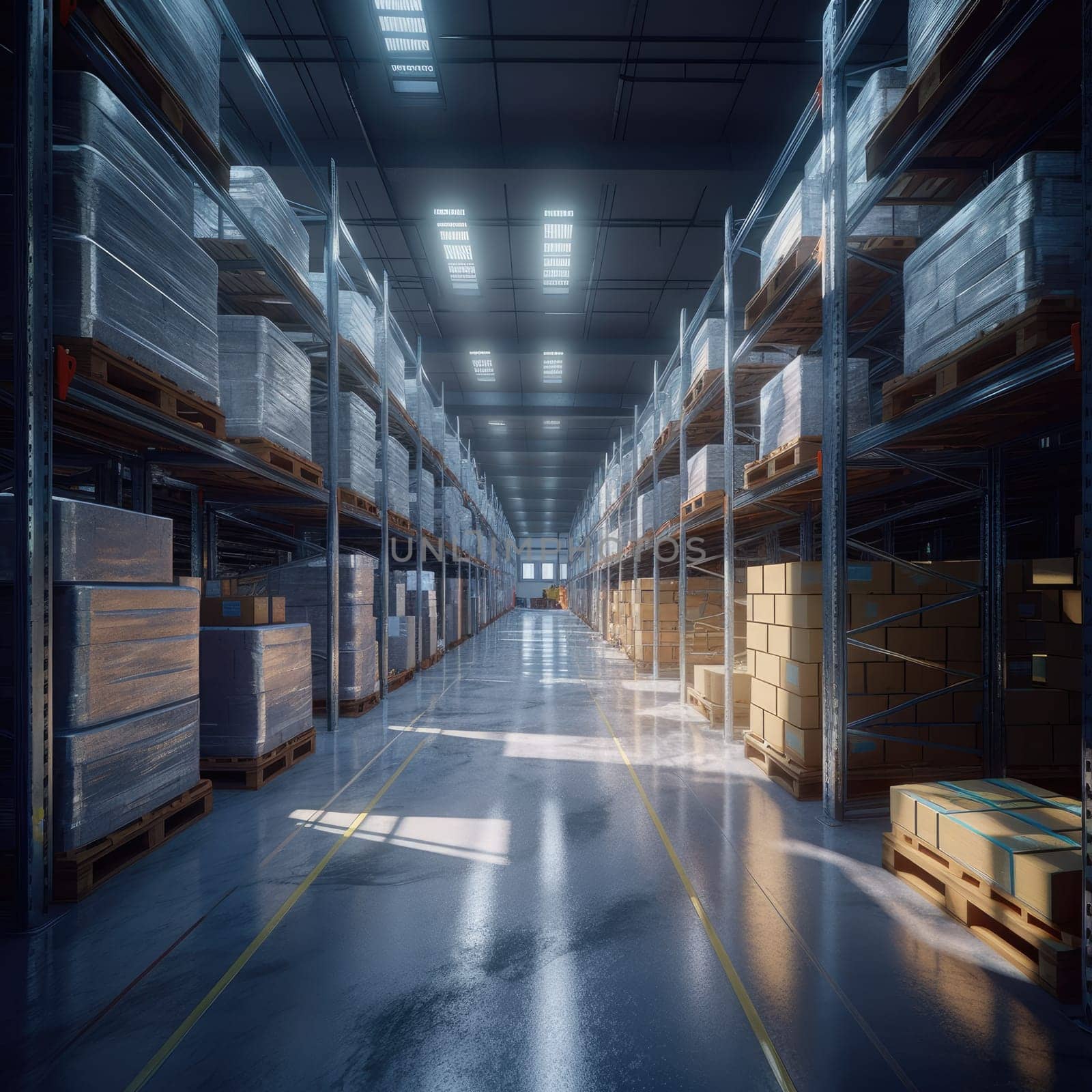 The logistics warehouse of the future. Bright large room with shelving