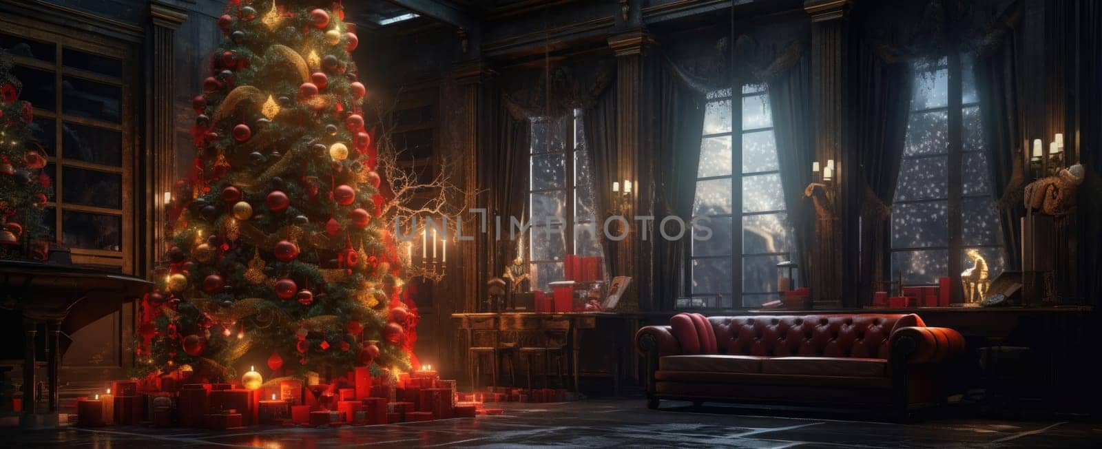 Christmas tree in a classic wooden interior at night by cherezoff