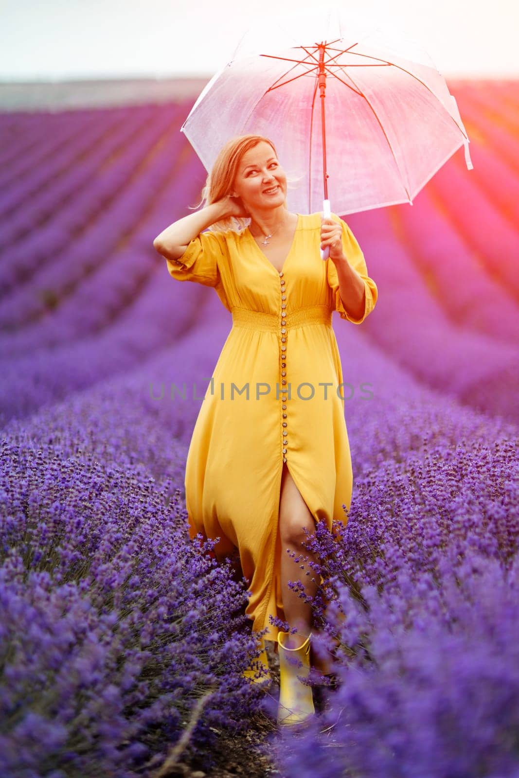 Woman lavender field. A middle-aged woman in a lavender field walks under an umbrella on a rainy day and enjoys aromatherapy. Aromatherapy concept, lavender oil, photo session in lavender by Matiunina