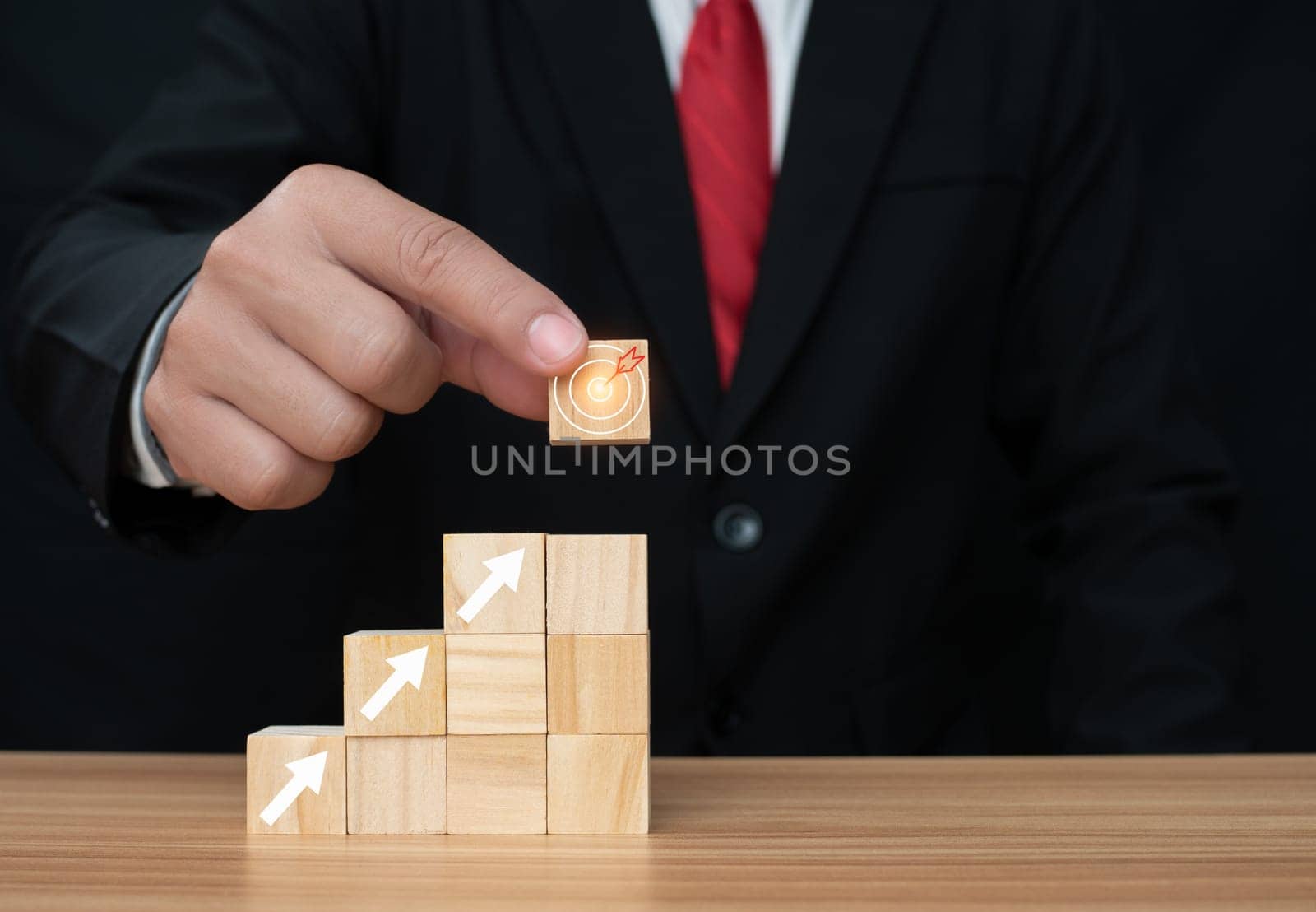 Wood cube block stacking with icon.Concept of business strategy and goal action plan. 