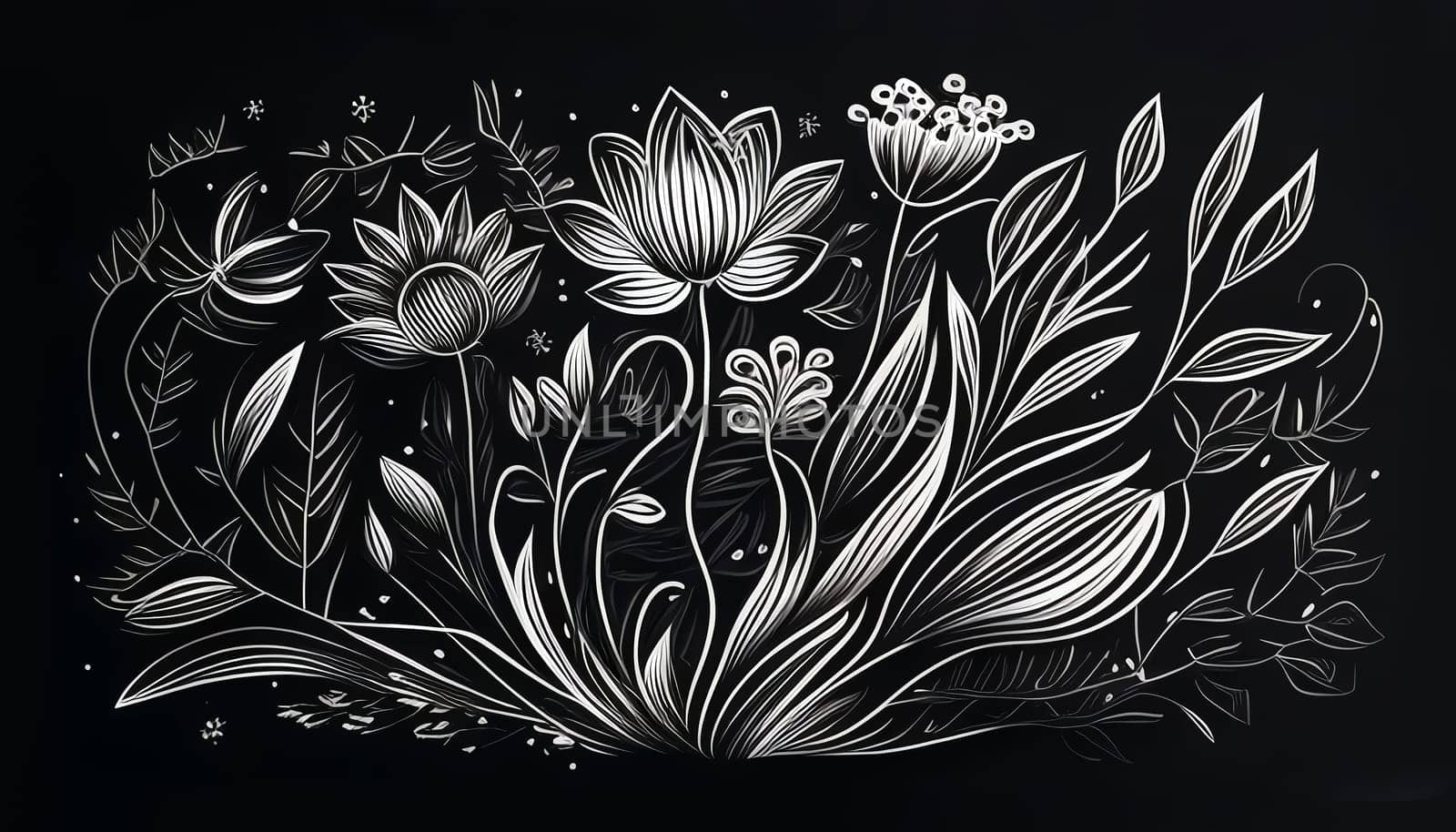 Black and white floral pattern with leaves, flower bouquets. White flowers and black background. Romantic background.