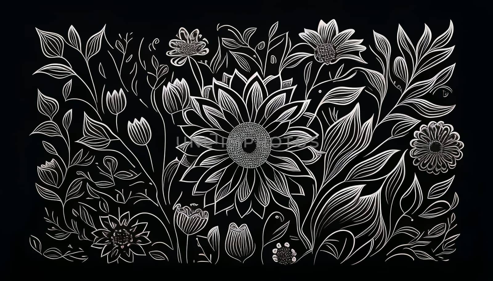 Black and white floral pattern with leaves, flower bouquets. White flowers and black background. by AndreyKENO