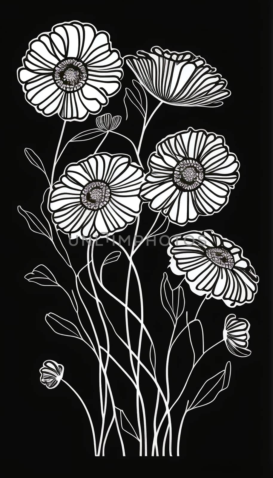 Black and white floral pattern with leaves, flower bouquets. White flowers and black background. Romantic background.