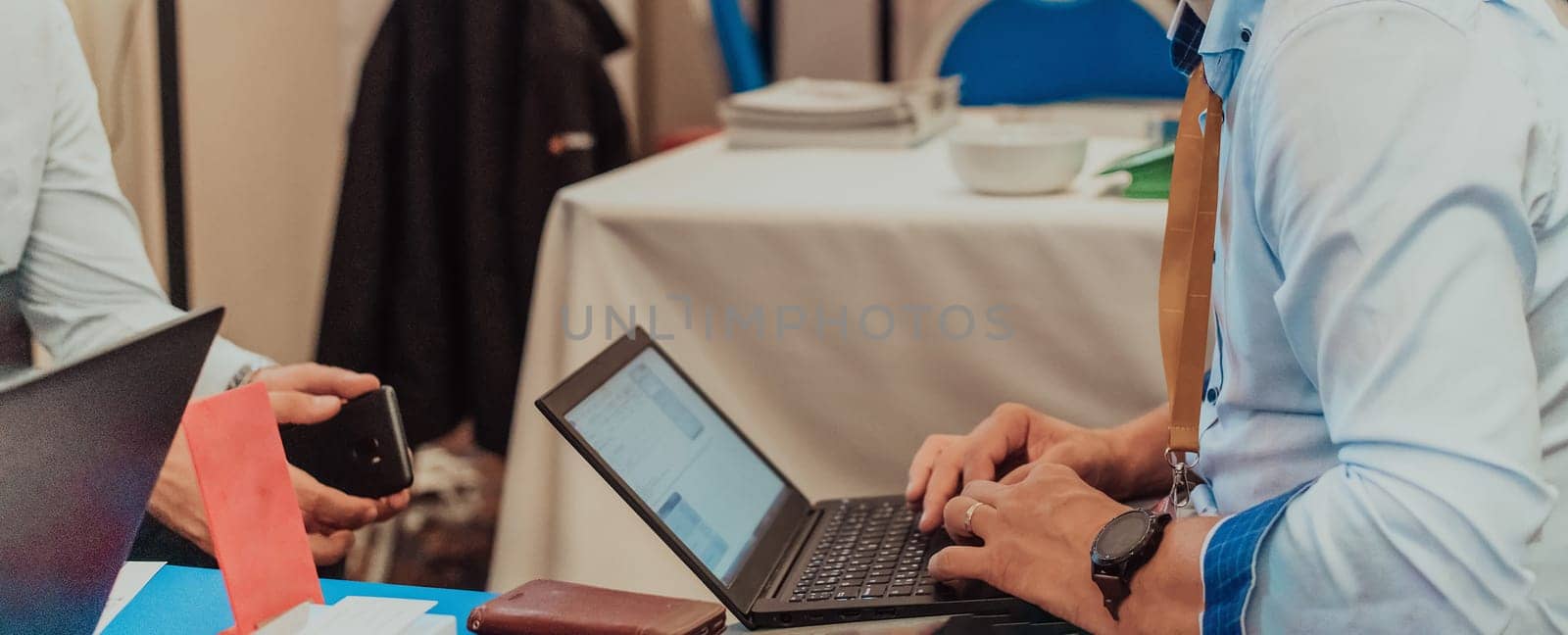 Close up of business hands are typing on laptop. by dotshock