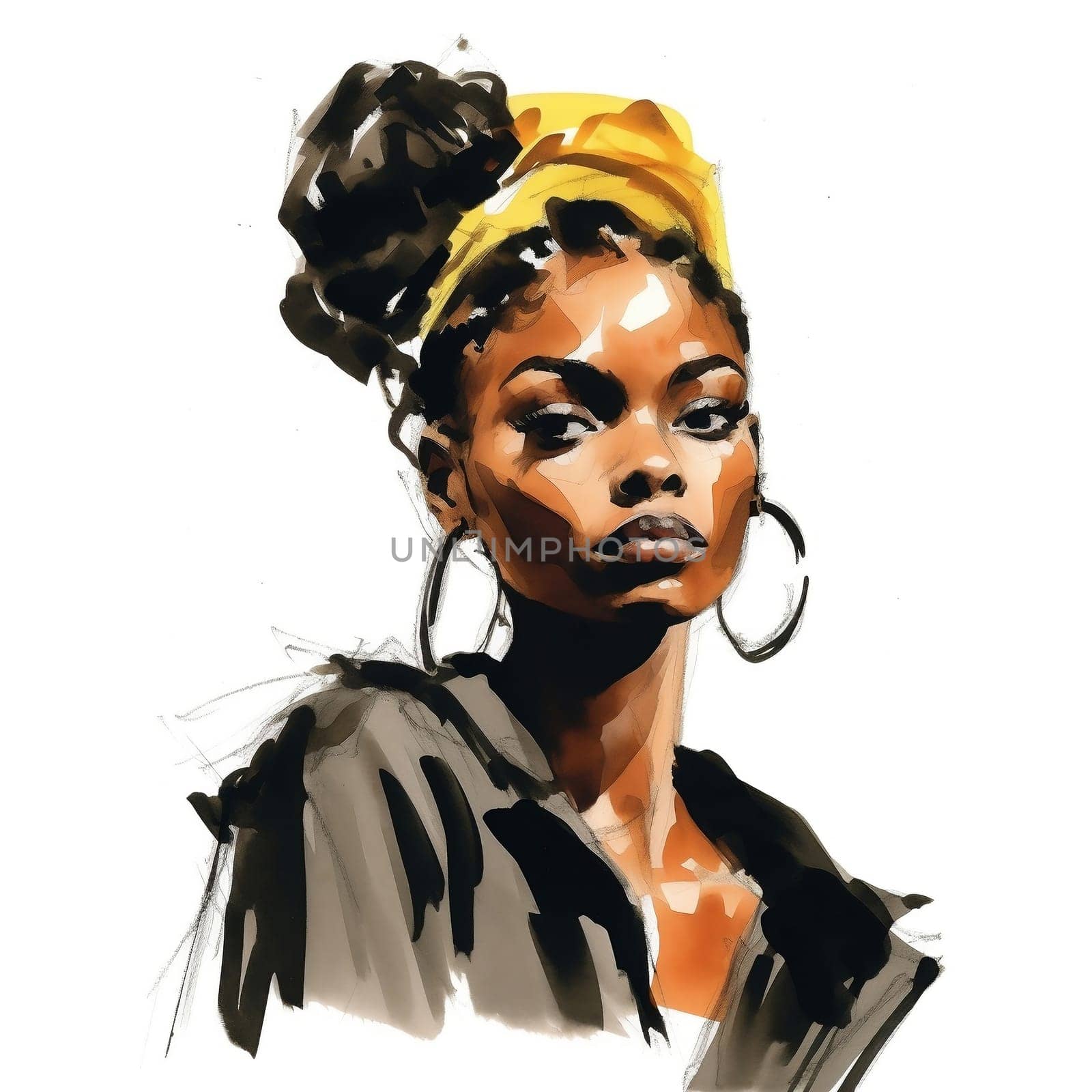 Illustration: expressive portrait of a young beautiful black woman. Fashion portrait of a girl drawn with watercolors and markers. Generative AI