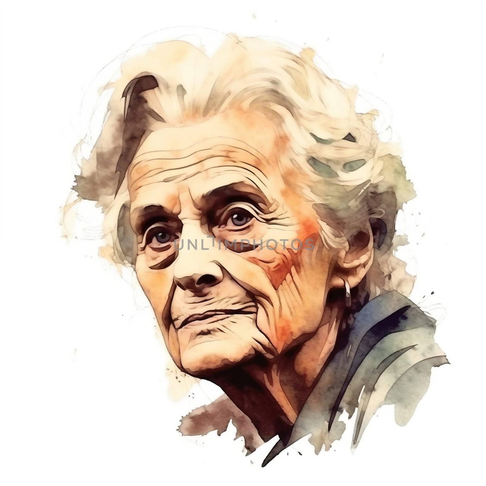 Illustration: portrait of an old wrinkled woman with gray hair. Portrait of old lady drawn with watercolors and markers. Generative AI by maclura