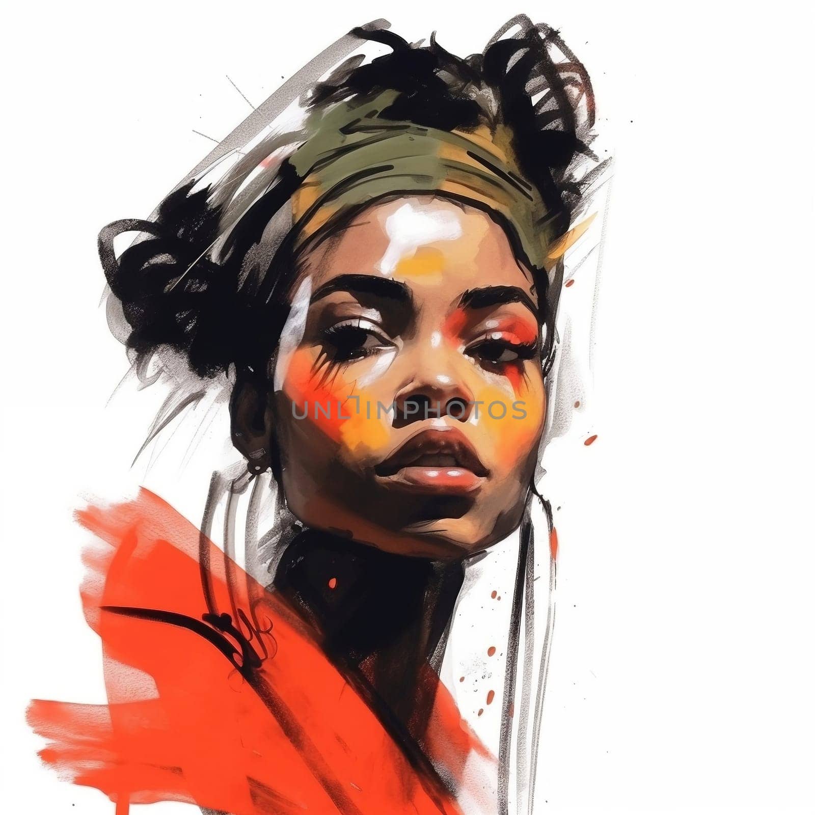 Illustration: expressive portrait of a young beautiful black woman. Fashion portrait of girl drawn with watercolors and markers. Generative AI by maclura