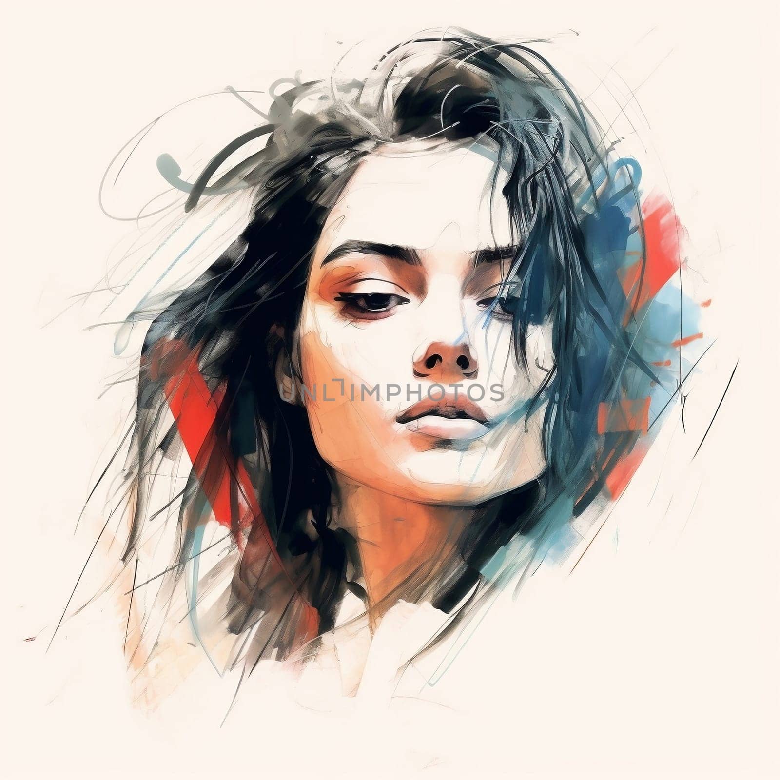 Illustration: expressive portrait of a young beautiful woman. Fashion portrait of a girl drawn with watercolors and markers. Generative AI