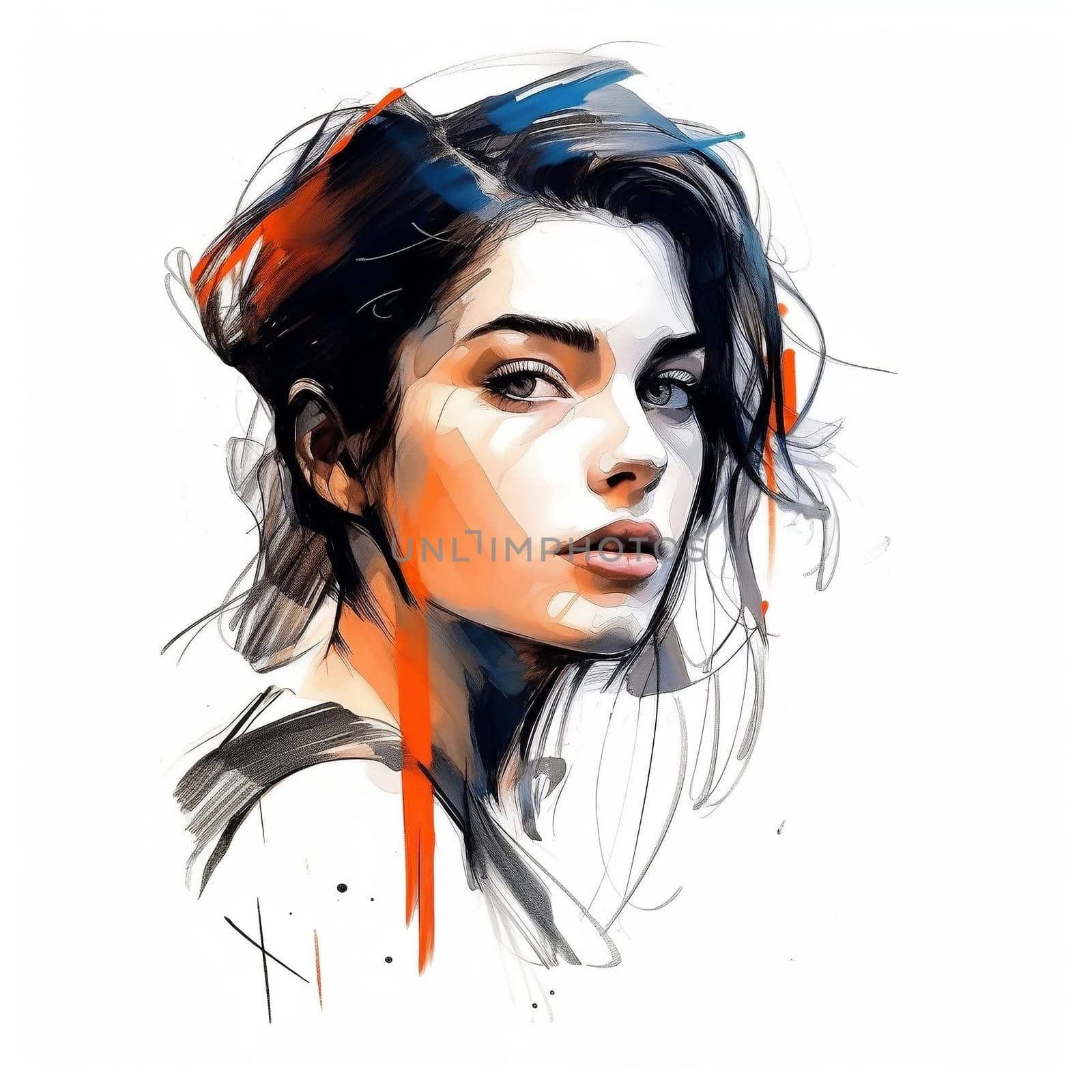Illustration: expressive portrait of a young beautiful woman. Fashion portrait of girl drawn with watercolors and markers. Generative AI by maclura