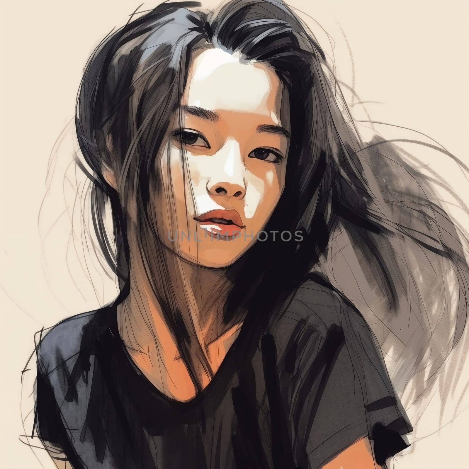Illustration: portrait of a young beautiful Asian woman. Fashion portrait of girl drawn with watercolors and markers. Generative AI by maclura