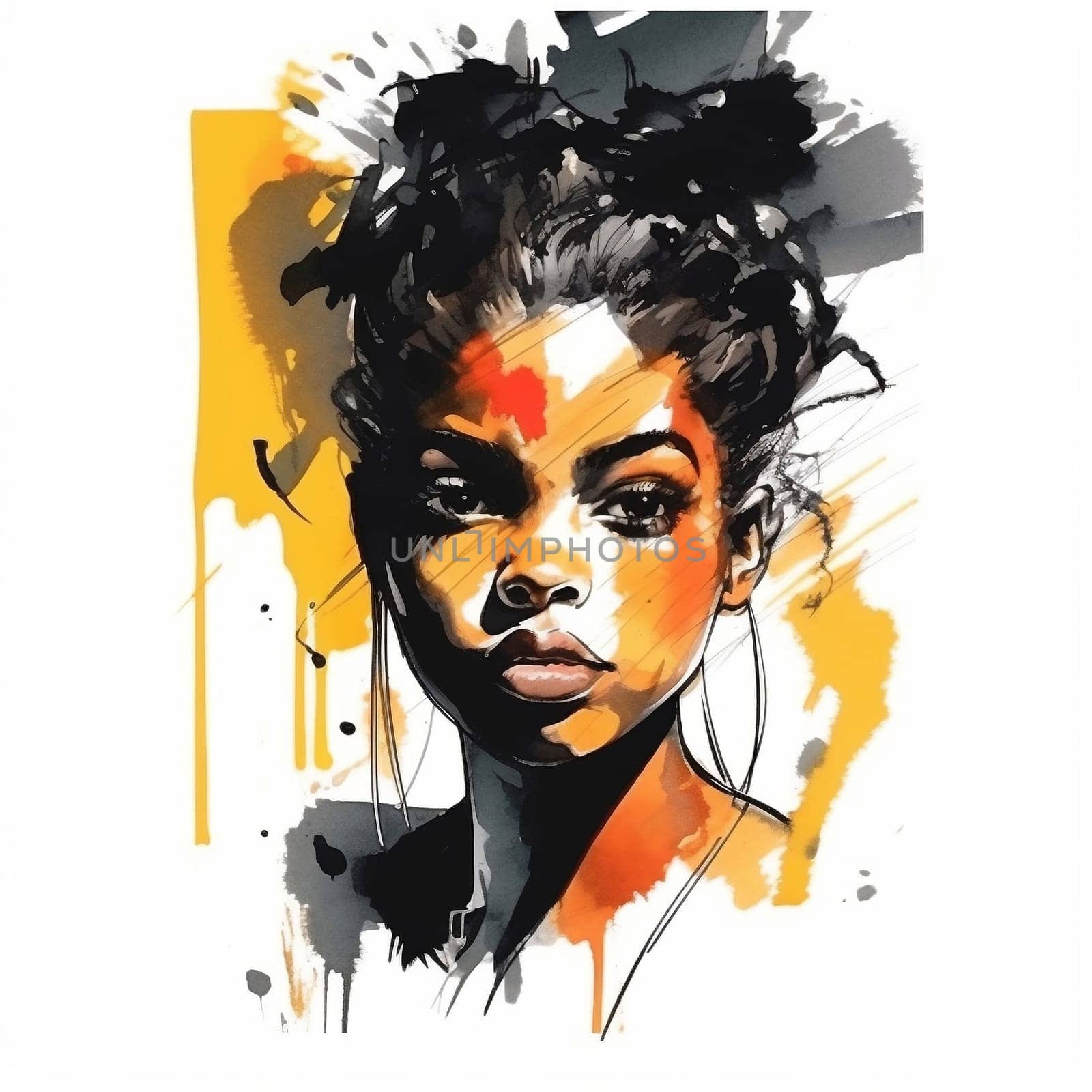 Illustration: expressive portrait of a young beautiful black woman. Fashion portrait of girl drawn with watercolors and markers. Generative AI by maclura