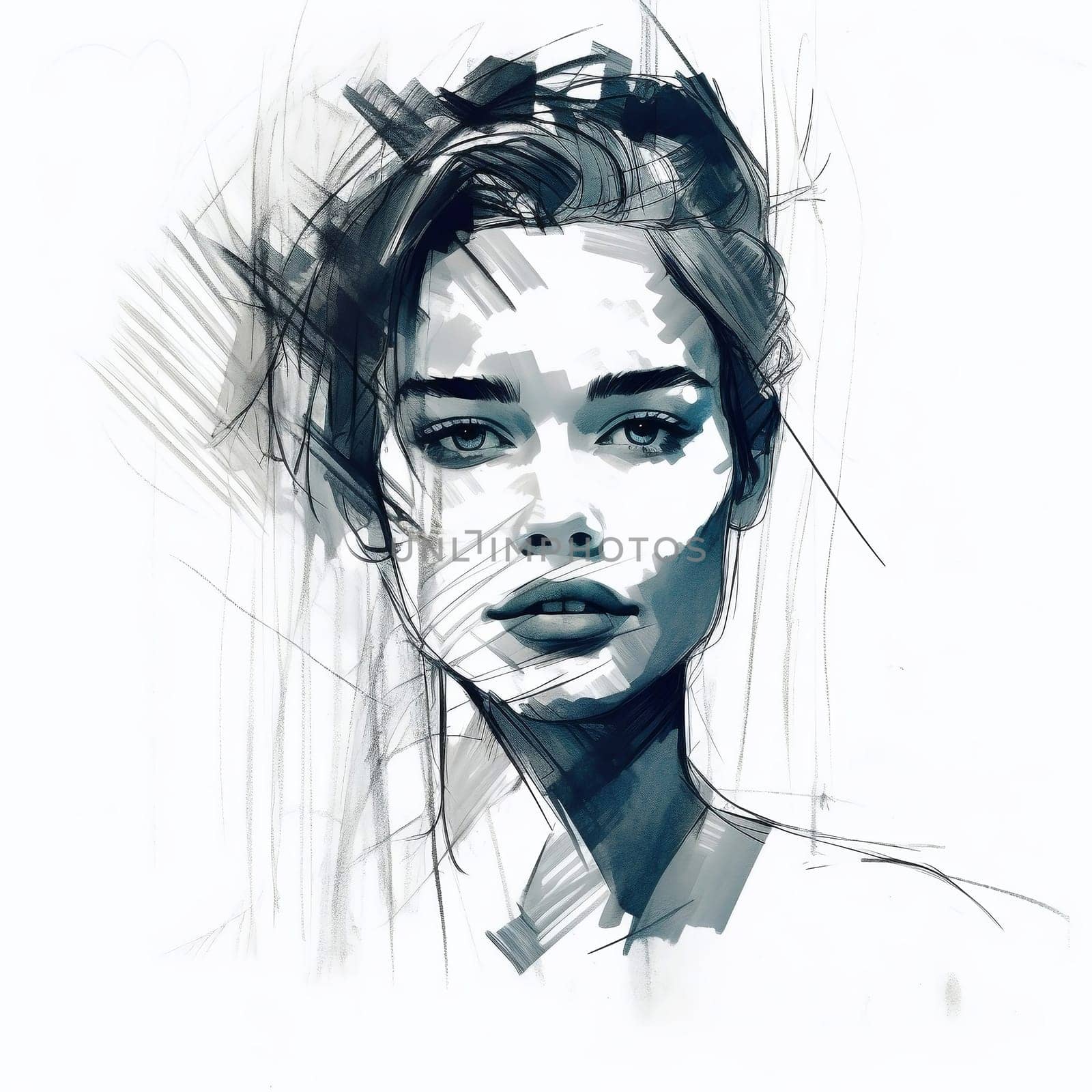 Illustration: expressive portrait of a young beautiful woman. Fashion portrait of girl drawn with watercolors and markers. Generative AI by maclura