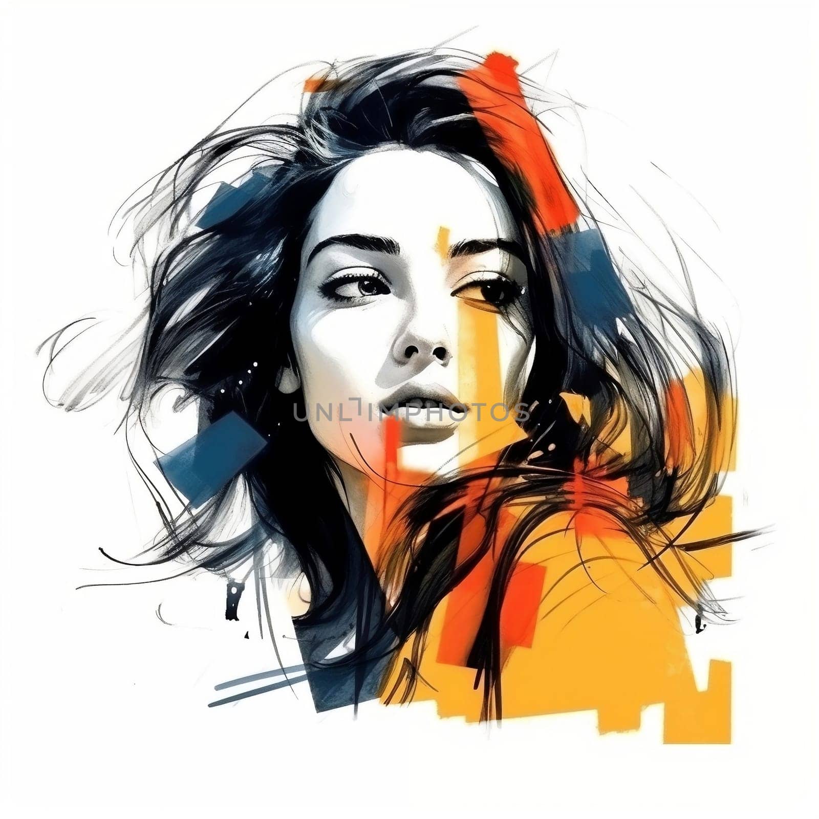 Illustration: expressive portrait of a young beautiful woman. Fashion portrait of girl drawn with watercolors and markers. Generative AI by maclura