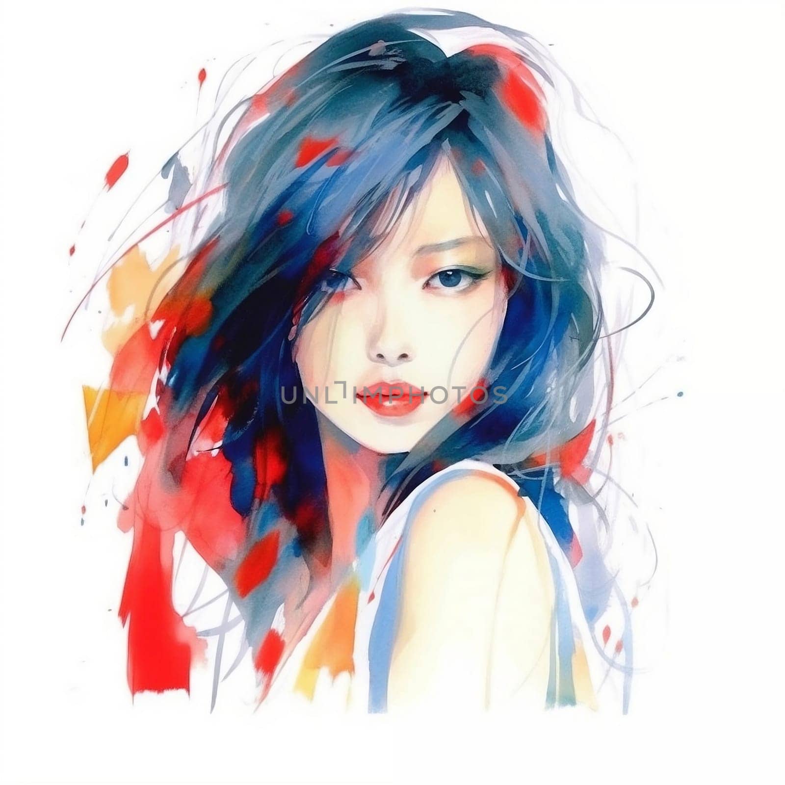 Illustration: portrait of a young beautiful Asian woman. Fashion portrait of girl drawn with watercolors and markers. Generative AI by maclura