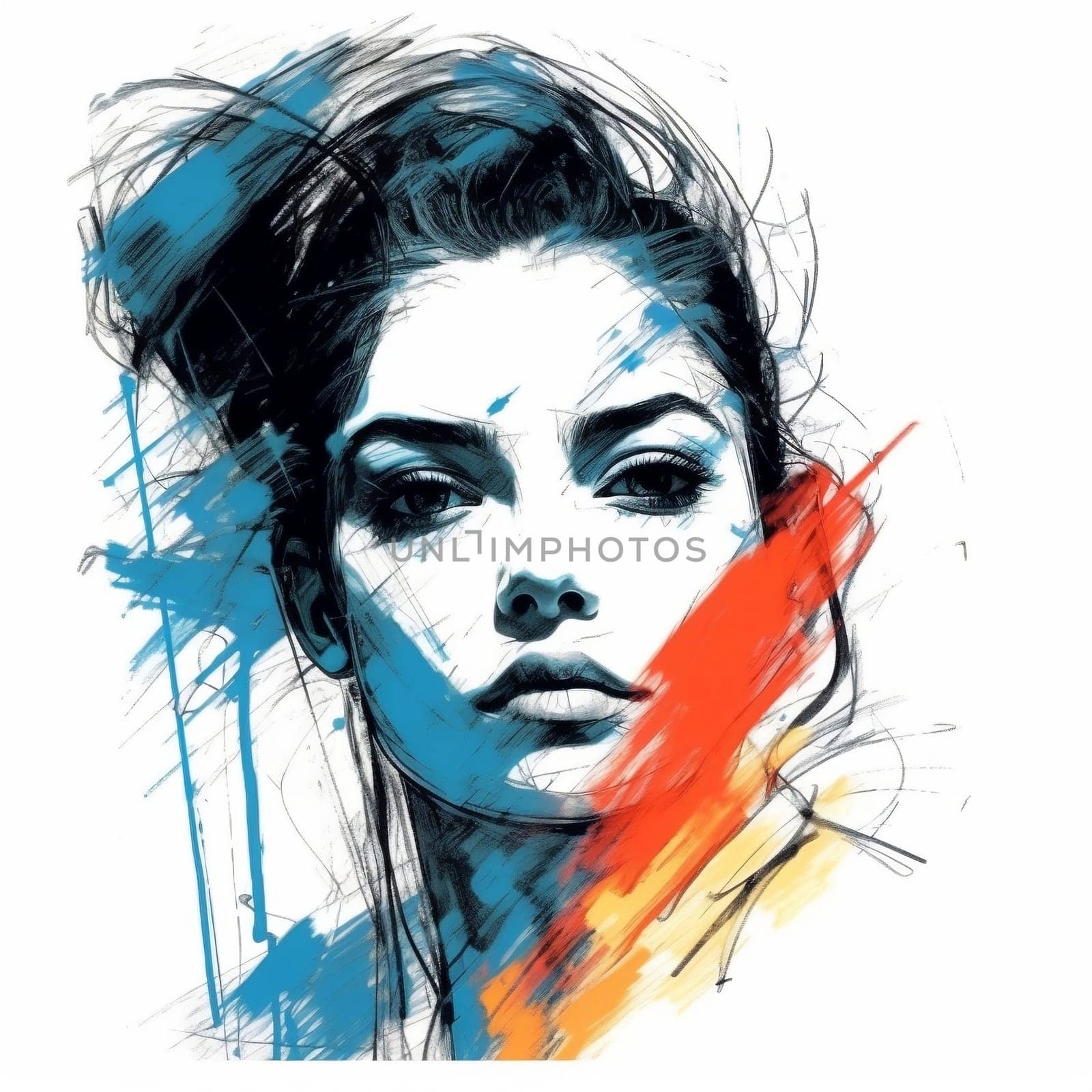 Illustration: expressive portrait of a young beautiful woman. Fashion portrait of girl drawn with watercolors and markers. Generative AI by maclura