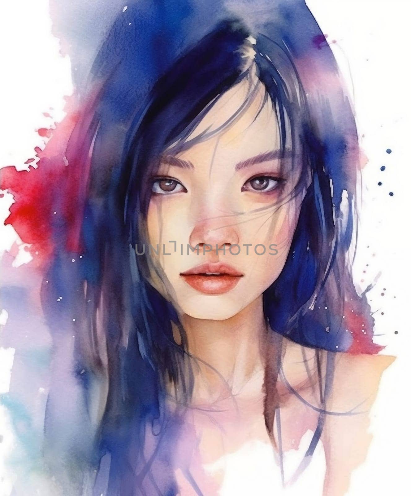 Illustration: portrait of a young beautiful Asian woman. Fashion portrait of girl drawn with watercolors and markers. Generative AI by maclura